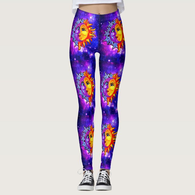 Leggings Lune/soleil d'aquarelle de guêtres de galaxie (Devant)
