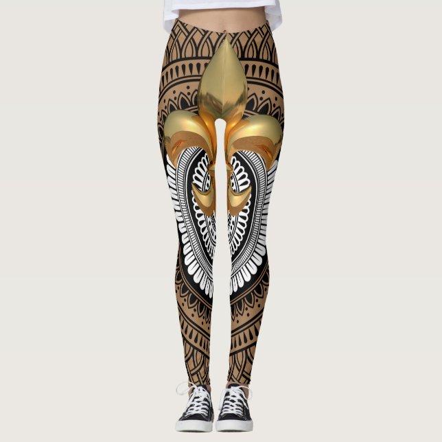 Leggings Luxe Golden Fleur-de-Lis Mandala Motif noir (Devant)