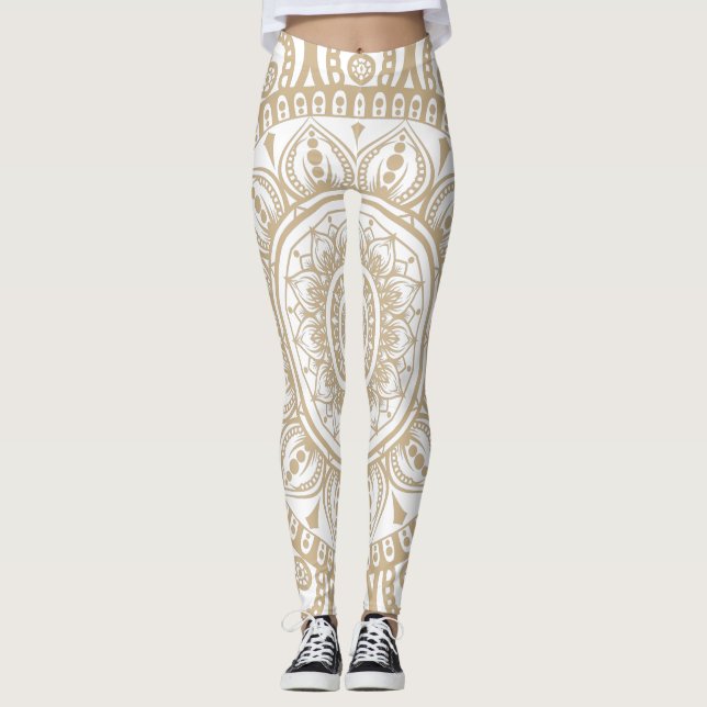 Leggings Luxe or et blanc design Mandala floral Yoga (Devant)