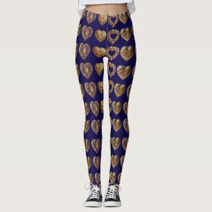 Leggings Luxurious Golden Baroque Hearts Pattern on Navy Bl