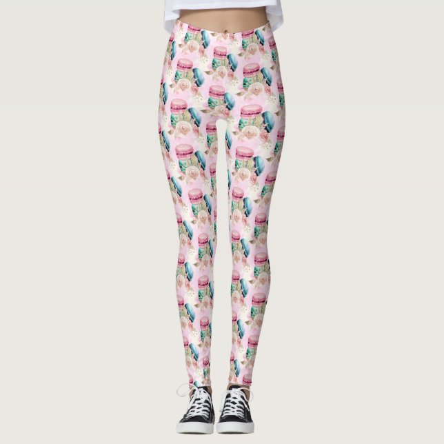 Leggings Macarons et fleurs colorés Motif d'aquarelle (Devant)