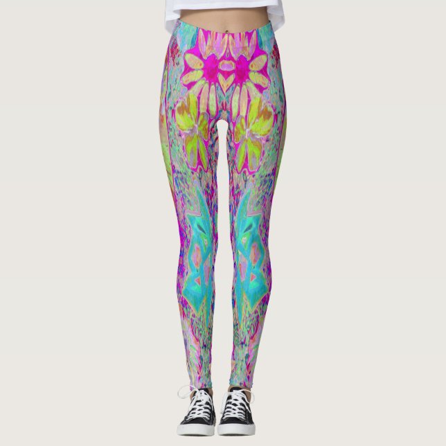 Leggings Magenta Abstrait psychédélique et Art Jardin Aqua (Devant)