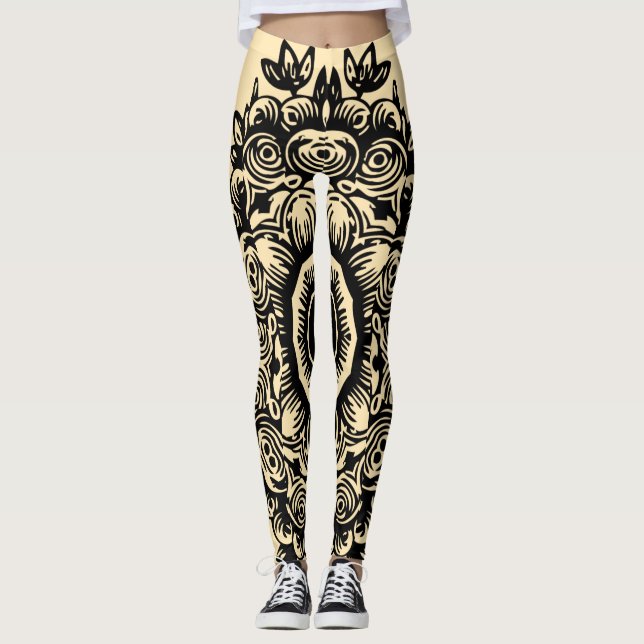Leggings Maïs de crème avec modèle Damas noir Athlétisme (Devant)