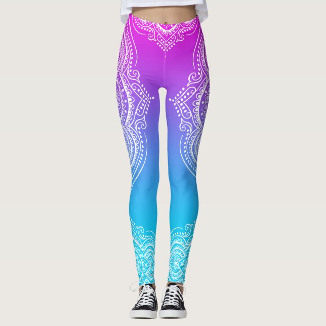 Leggings Mandala blanc sur rose à bleu ombre (Devant)