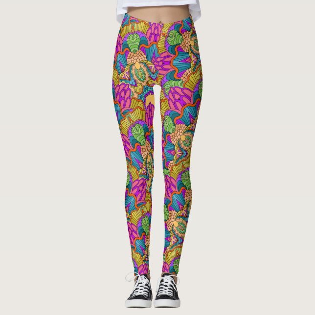 Leggings Mandala Design en rose, blues et or (Devant)
