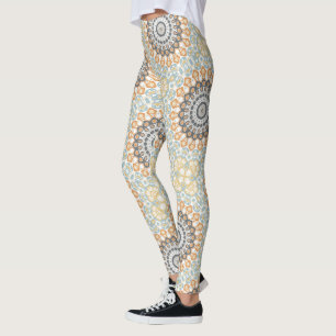 Leggings Mandala géométrique en orange, gris et bleu