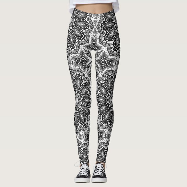 Leggings Mandala noir blanc, kaléidoscope, ornement rond (Devant)
