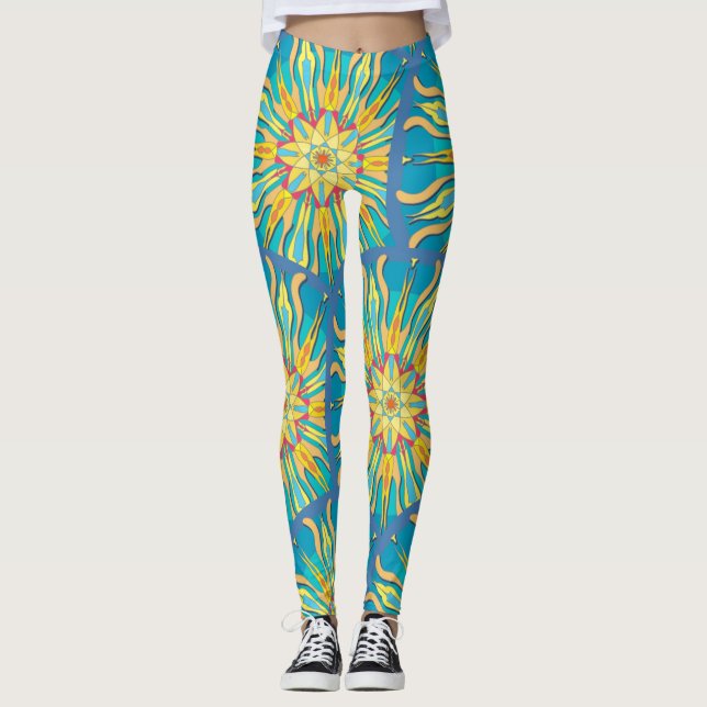 Leggings Mandala Sun Goddess, Reds Yellows sur Aqua (Devant)