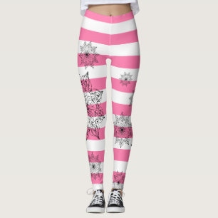 Leggings Mandalas noir chic sur bandes rose et blanche