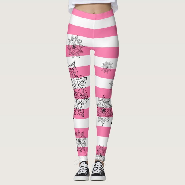 Leggings Mandalas noir chic sur bandes rose et blanche (Devant)