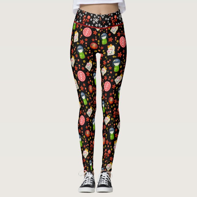 Leggings Maneki Neko Cat et Geisha en japonais noir (Devant)