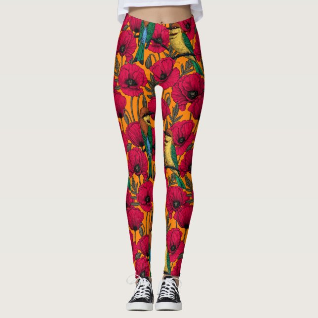 Leggings Mangeurs d'abeilles et pavots sur orange (Devant)