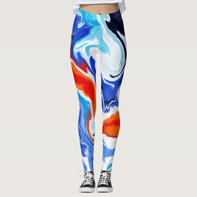 Leggings Marbre Abstrait Rouge Orange Bleu Violet Motif (Devant)