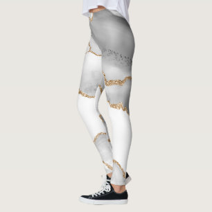 Leggings Marbre Blanc Grisé Agate Raffiné Paillettes Dorées