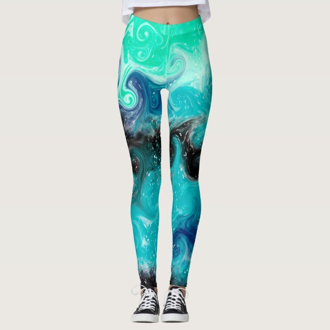 Leggings Marbre bleu, Turquoise et noir d'art fluo (Devant)