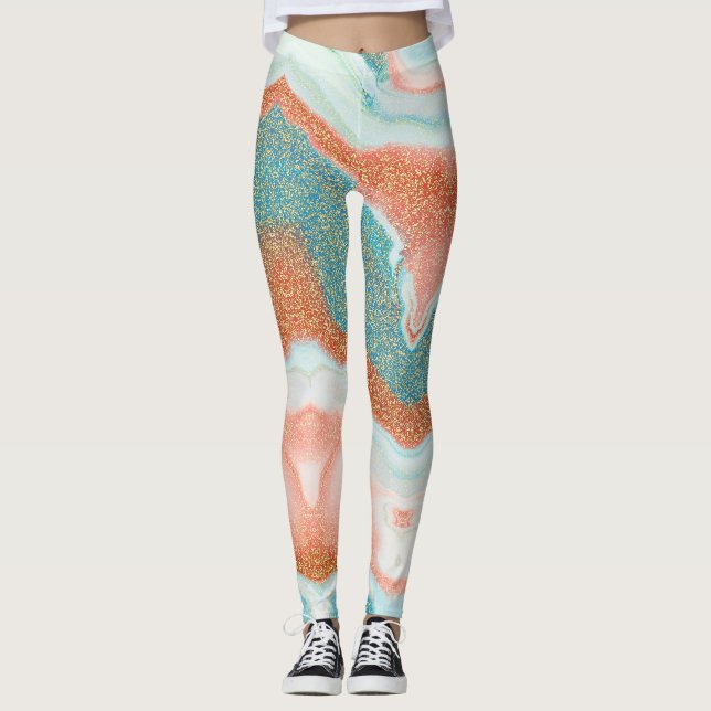 Leggings Marbre brillant | Bleu vert Turquoise, grès (Devant)
