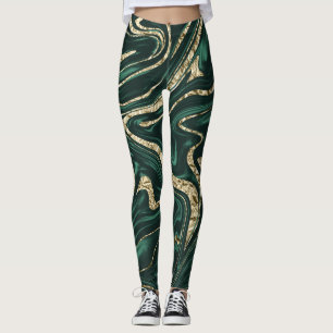 Leggings Marbre d'or noir vert émeraude #2 (Faux Foil)