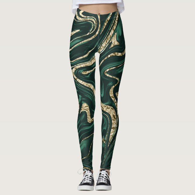 Leggings Marbre d'or noir vert émeraude #2 (Faux Foil) (Devant)