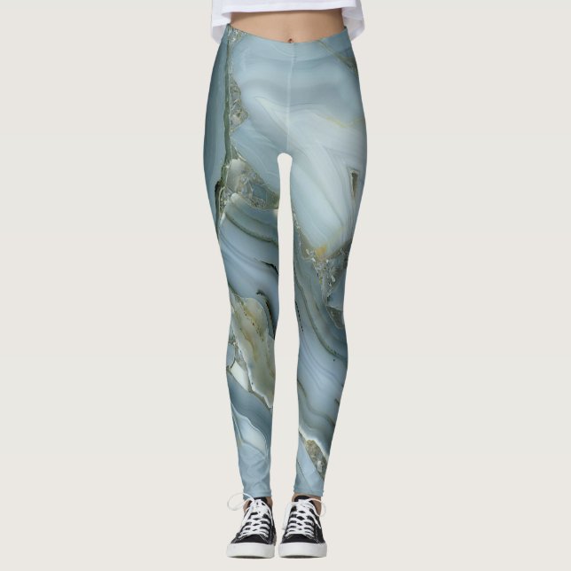 Leggings Marbre gris bleu avec sac à ficelle de veine or (Devant)