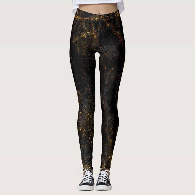 Leggings Marbre noir, veines dorées, texture. (Devant)