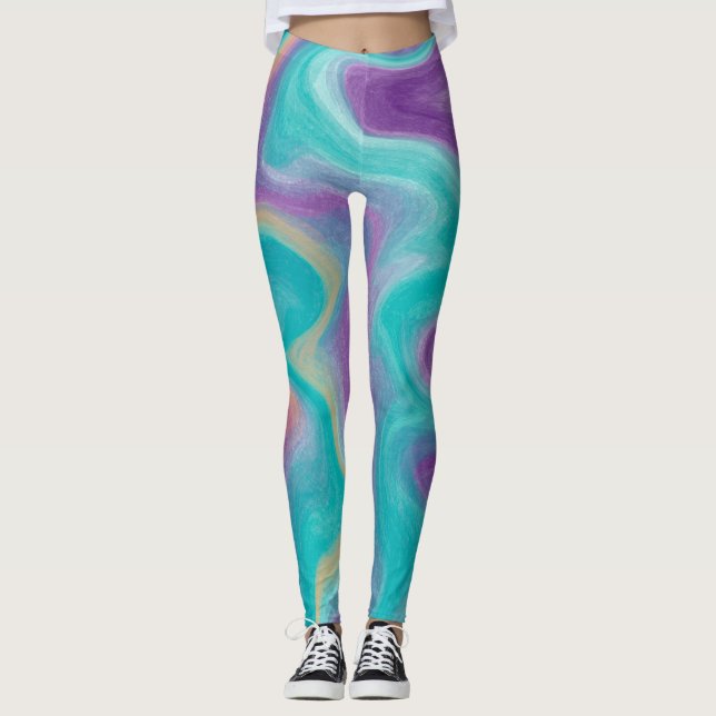 Leggings Marbre pourpre, Turquoise et doré (Devant)