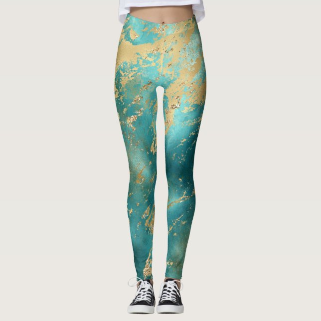 Leggings Marbre vert turquoise Or Abstrait moderne (Devant)