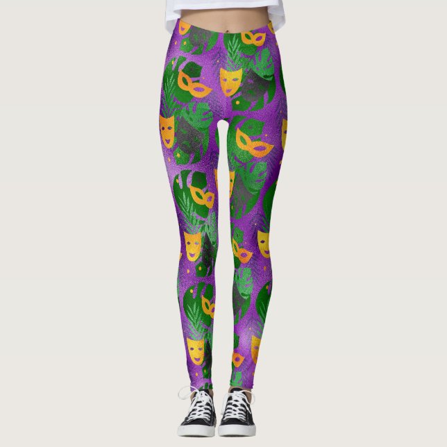 Leggings Mardi Gras Leggings, Mardi Gras Masques & Feuilles (Devant)