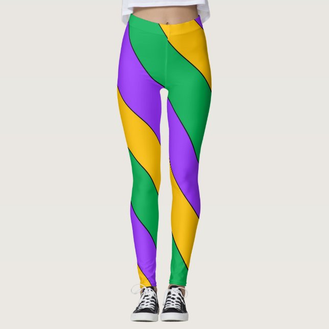 Leggings Mardi Gras Stripes Motif violet vert jaune (Devant)