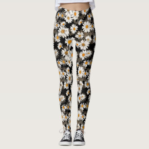Leggings Marguerites blanches sur le motif floral noir