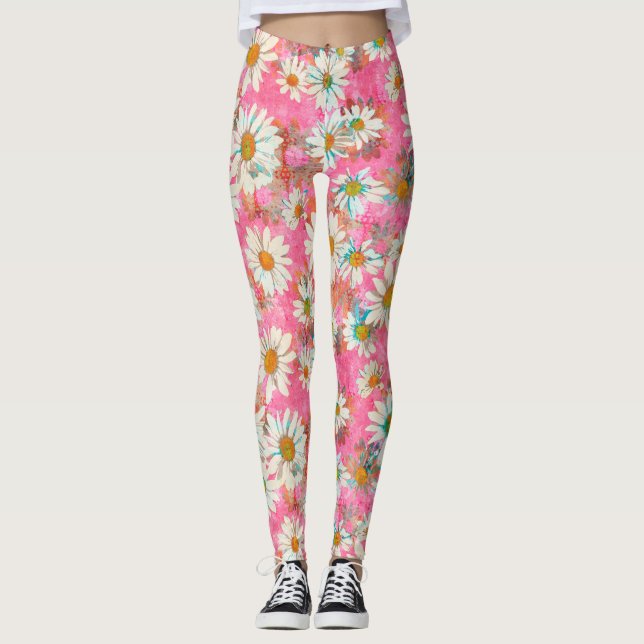 Leggings Marguerites blanches sur le motif floral rose (Devant)