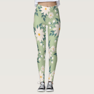Leggings Marguerites sur l'Arrière - plan vert Pastel