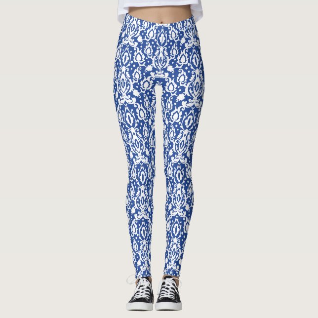Leggings Marocain bleu et blanc moderne Casbah Damask (Devant)