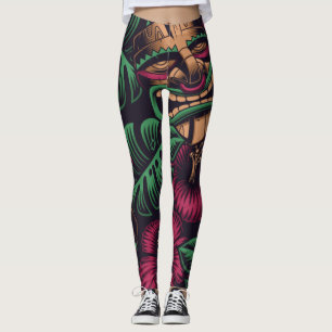Leggings Masque de tiki foncé et fleur d'hibiscus