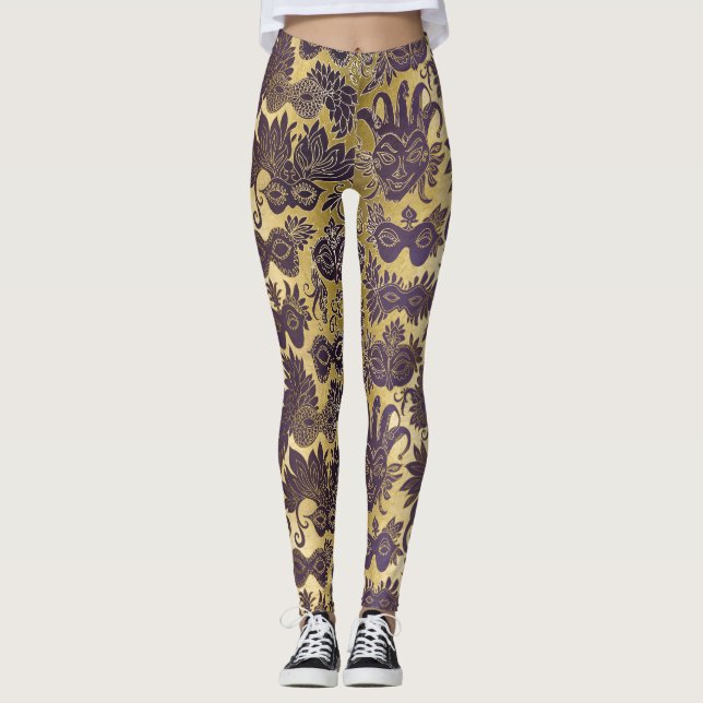 Leggings Masques Mardi Gras Gold et Purple (Devant)