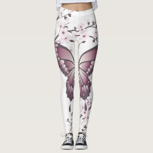 Leggings Mauve de papillon et de fleurs de cerisier