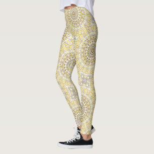 Leggings Médaillon de kaléidoscope de mandala jaune et blan