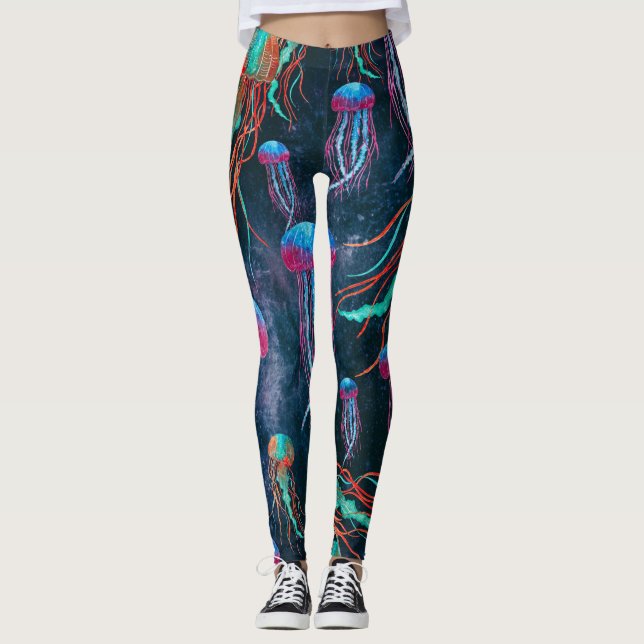 Leggings Méduses fraîches en mer bleue profonde (Devant)
