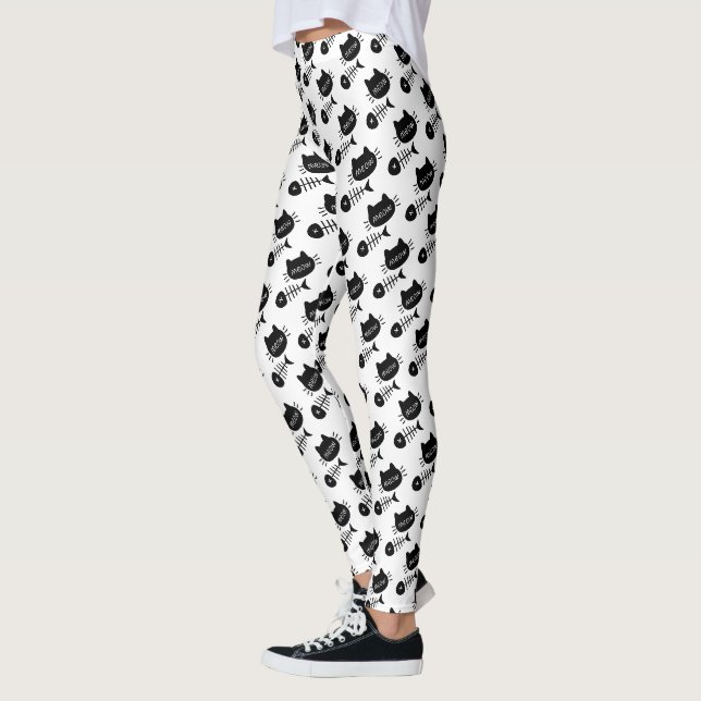 Leggings Meow Black Kitty Chat Motif de pêche (Gauche)