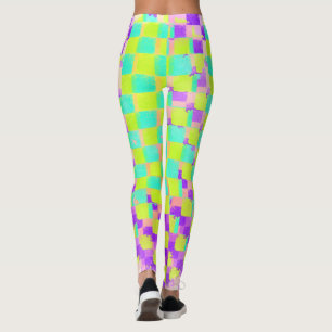 Leggings Messy Neo Mint et Purple Checkerboard Motif