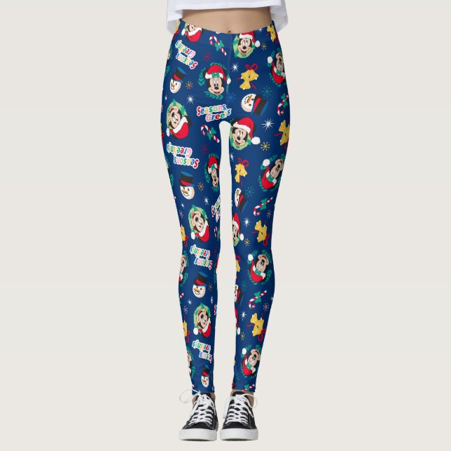 Leggings Mickey & Minnie | Motif Bonnes Fêtes bleues (Devant)