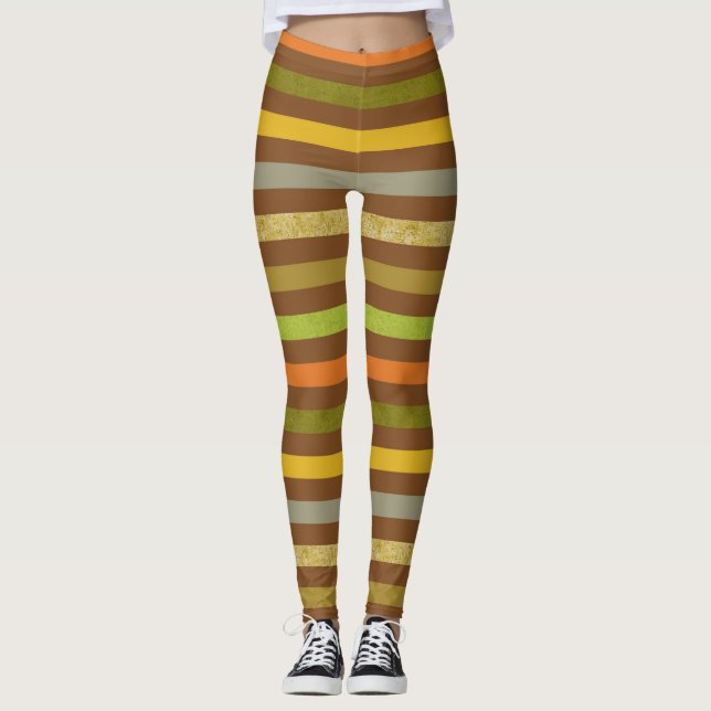 Leggings Mid Century Look Brown & Green Stripes Motif (Devant)