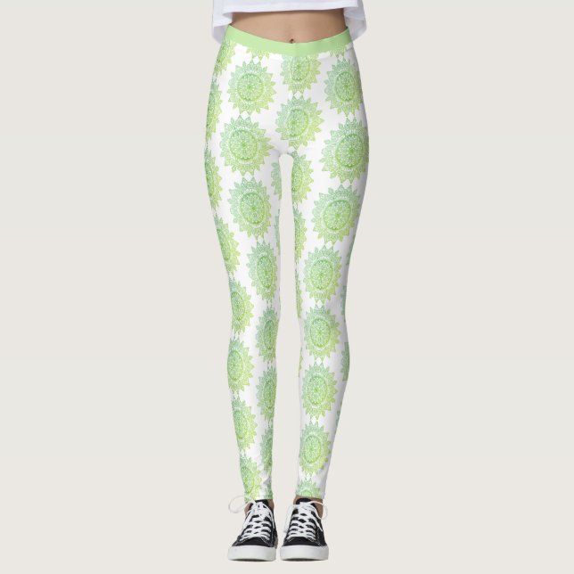 Leggings Mignonne Vert or Mandala Motif Élégant Plutôt (Devant)