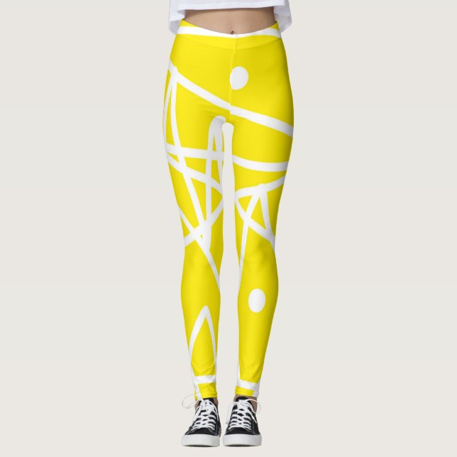 Leggings Minimalisme Abstrait Art Motif Jaune Blanc (Devant)