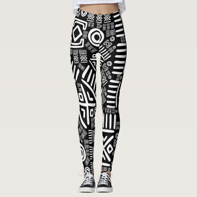 Leggings Modèle africain ethnique #6 noir et blanc (Devant)