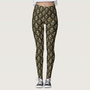 Leggings Modèle de Damas d'or sur Arrière - plan noir