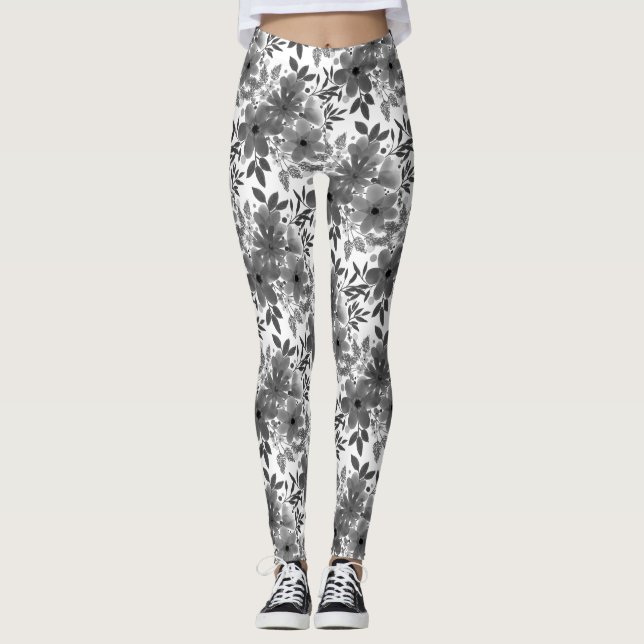 Leggings Modèle floral monochromatique blanc et gris (Devant)