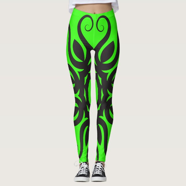 Leggings Modèle floral noir sur l'entraînement féminin vert (Devant)