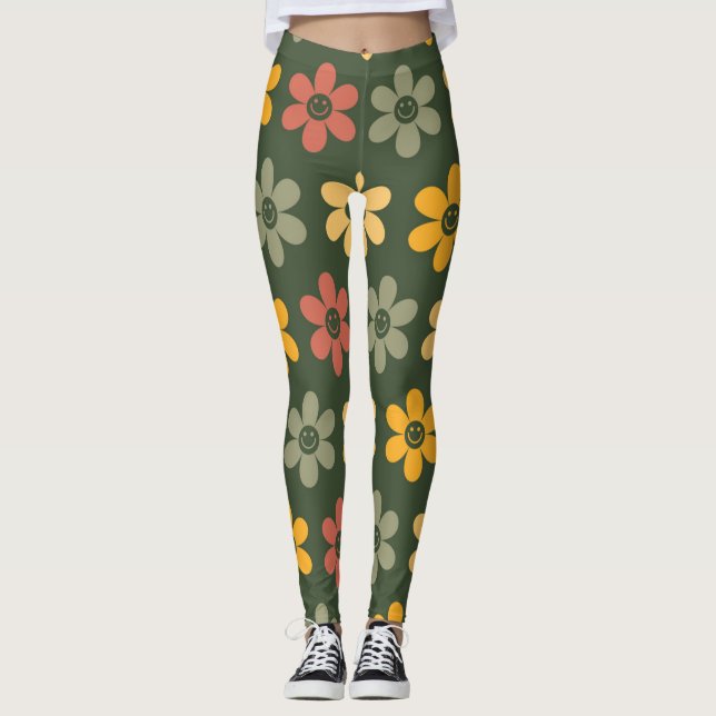 Leggings Modèle floral rétro sur un arrière - plan vert (Devant)