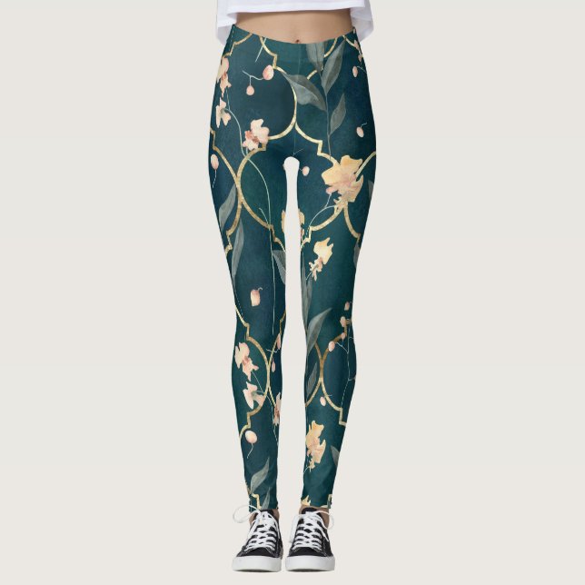 Leggings Modèle floral vert et or (Devant)