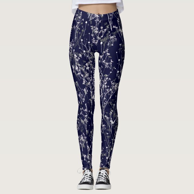 Leggings Moderne Elegant Fleurs sauvages bleu marine (Devant)